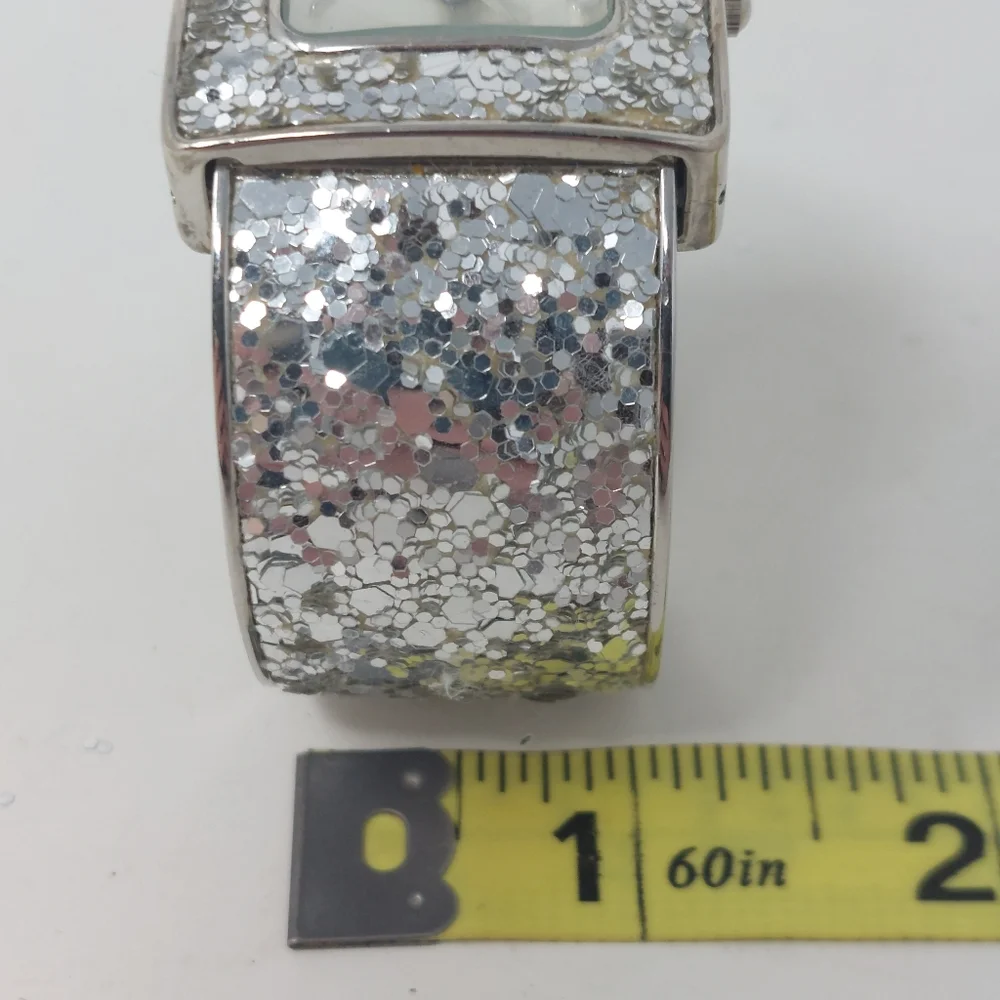 Pierre Nicol Silver Sequin Sparkly Watch Cuff Bracelet Square Face Glam Bling